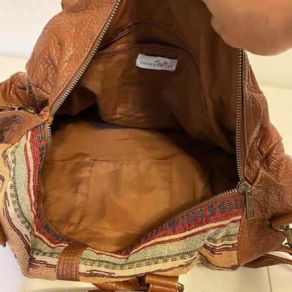 VTG Y2K 2000s UnderOneSky Brown Faux Leather Tapestry Travel Weekend Bags Set2 - Picture 10 of 11